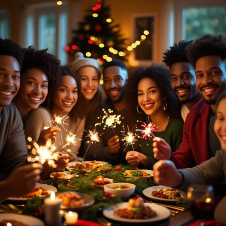 happy friends with sparklers eating christmas dinner at home in winterの素材