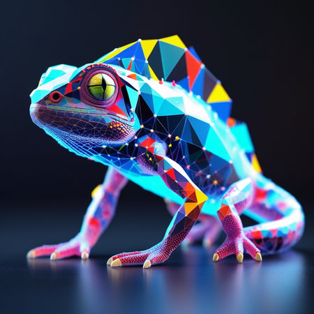 Polygonal chameleon on a black background. 3d renderingの素材