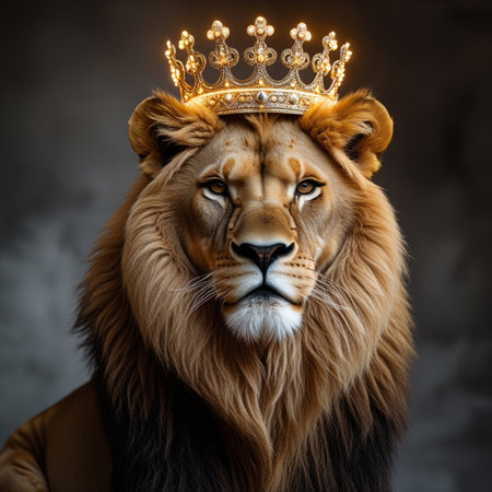 Portrait of a lion king with a crown on his head.の素材