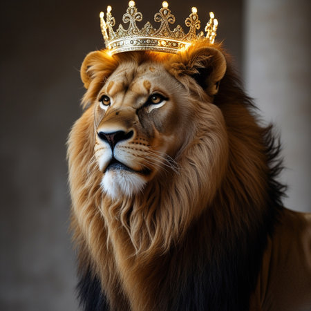 Portrait of lion king in golden crown. King of the jungle.の素材