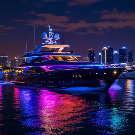 Luxury yacht in Dubai Marina at night, United Arab Emiratesの素材