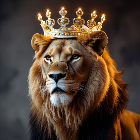 Portrait of a lion king with a crown on his head.の素材