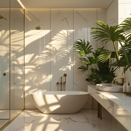 Bathroom interior with white bathtub and tropical plant. 3d renderの素材