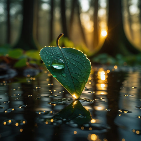 Green leaf with water drops in the forest at sunrise. Nature backgroundの素材