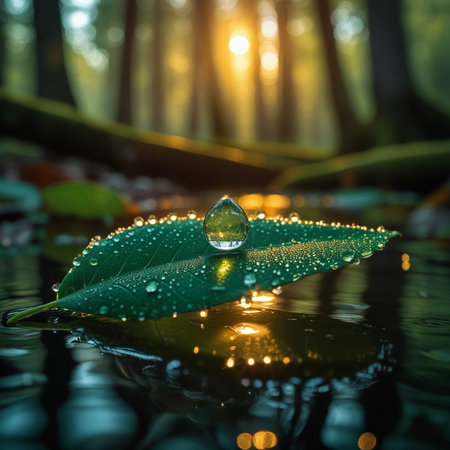 Water drop on green leaf with bokeh background. Nature concept.の素材
