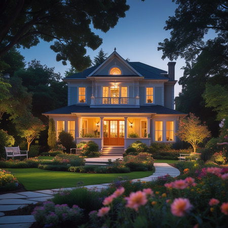 Beautiful luxury house in the garden at twilight time, USA.の素材