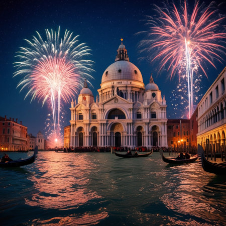 Santa Maria della Salute cathedral and fireworks in Venice, Italyの素材