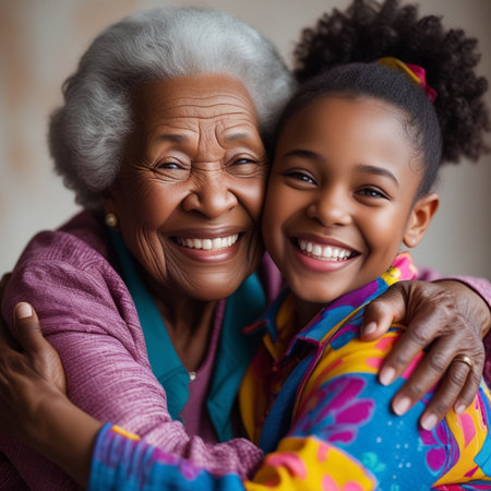 Portrait of smiling African American grandmother and granddaughter embracing and looking at cameraの素材