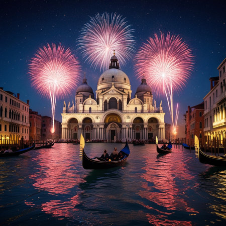 Santa Maria della Salute with fireworks in Venice, Italy.の素材