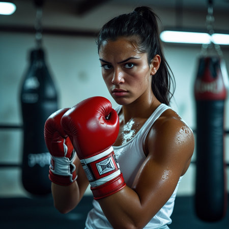 Portrait of young beautiful boxer woman with red boxing gloves in gym.の素材