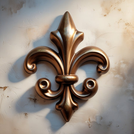 Vintage bronze handle on a white wall background. Copy space.の素材