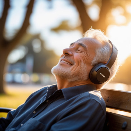 Senior man listening to music with headphones on a bench in an urban parkの素材