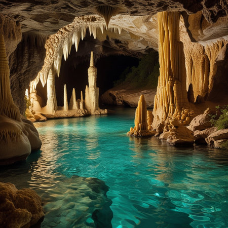 Stalactites and stalagmites in a cave.の素材