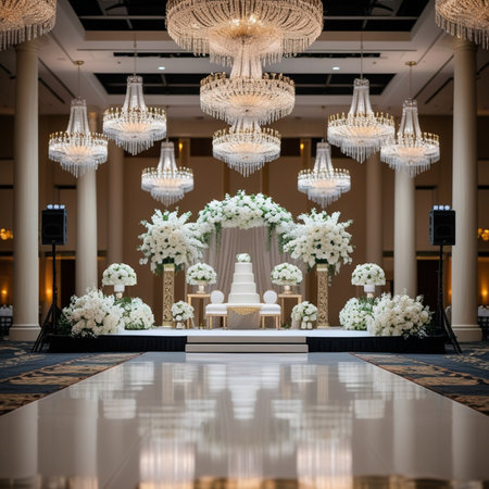 Wedding ceremony decorated with white flowers in the lobby of the hotelの素材