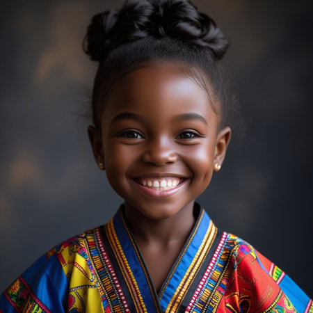 Beautiful african american little girl in traditional clothes on a dark backgroundの素材