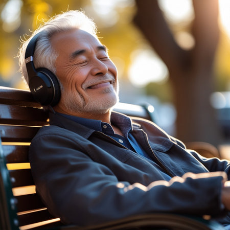 Senior man listening to music with headphones sitting on a bench in the parkの素材