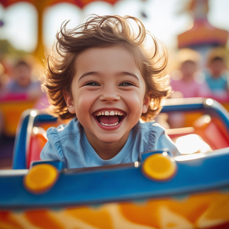 Cheerful little boy having fun on the playground at summer dayの素材