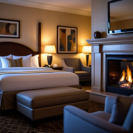 Luxury hotel room interior with fireplace, pillows and bedの素材