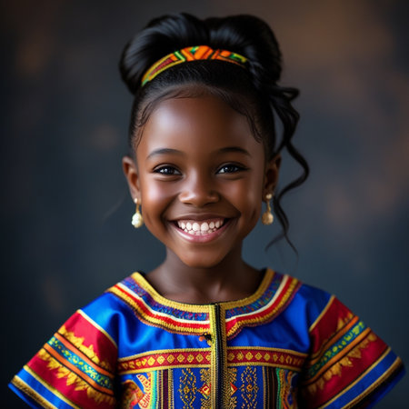 African american girl in national costume smiling at camera on dark backgroundの素材