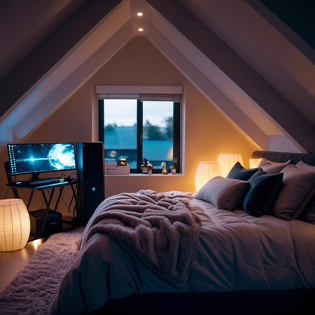 Interior of a modern bedroom with a double bed in the atticの素材