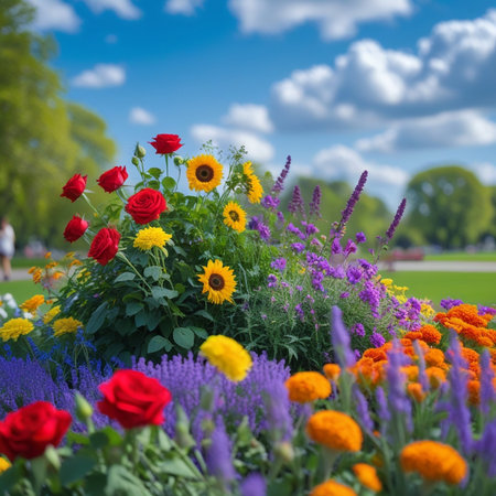 Flower bed with colorful flowers in the city park. Summer landscape.の素材