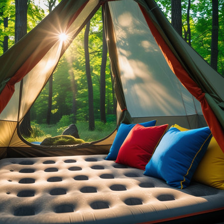 Camping tent in the forest with colorful pillows and cushionsの素材