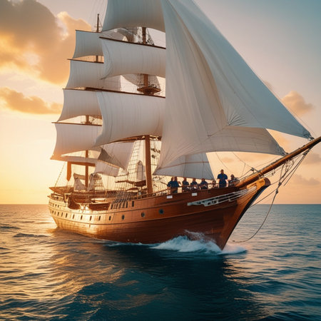 Sailboat in the sea at sunset. 3d illustration.の素材
