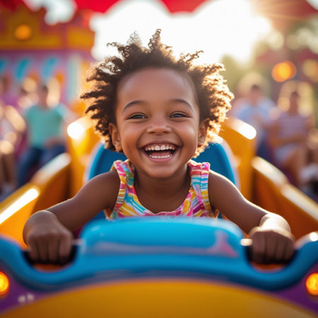 Cheerful african american girl having fun at amusement parkの素材