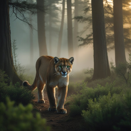 Lioness walking in the forest at sunrise. Wildlife scene.の素材