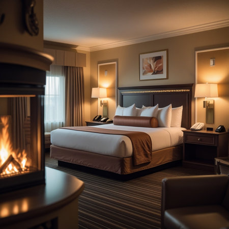Interior of a hotel bedroom with a fire in the background.の素材