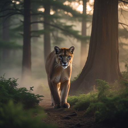 Panther in the forest at sunrise. 3d rendering.の素材