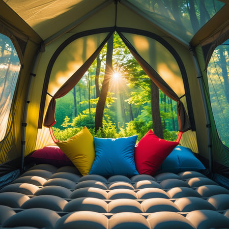 Camping tent with pillows in a beautiful forest in the morningの素材