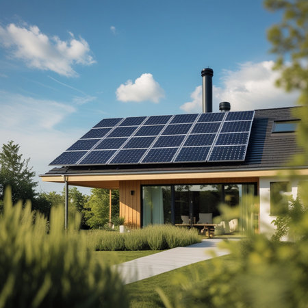 Solar panels installed on the roof of a modern house. Alternative energy source.の素材