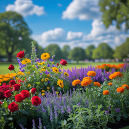 Flowerbed with colorful flowers in the Keukenhof park in the Netherlandsの素材
