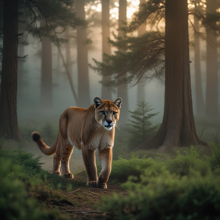 Beautiful lioness walking in the foggy forest at sunrise.の素材
