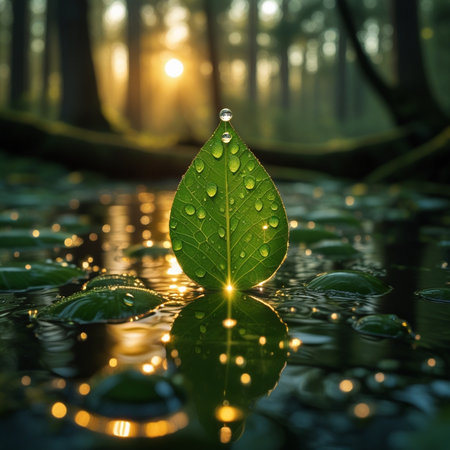 Green leaf with dew drops on the water surface at sunrise.の素材