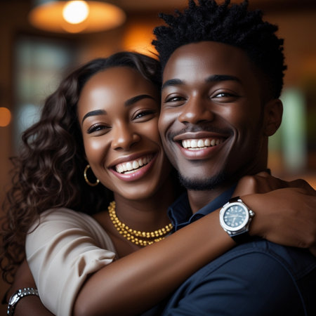 Portrait of happy African American couple embracing and looking at cameraの素材