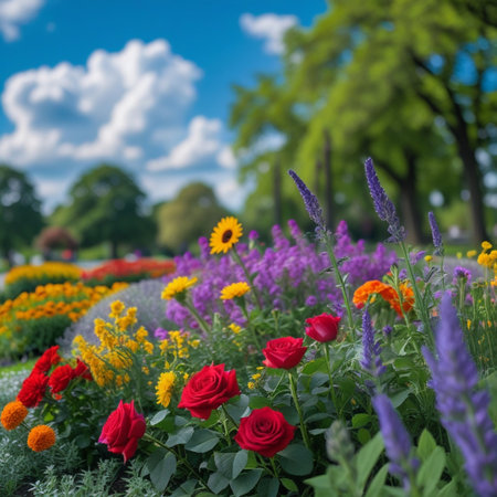 Colorful flowers in the garden. Flowerbed in the park.の素材