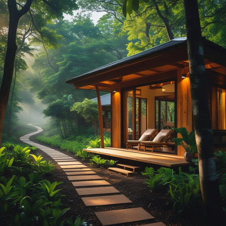 Wooden gazebo in the garden with foggy morningの素材