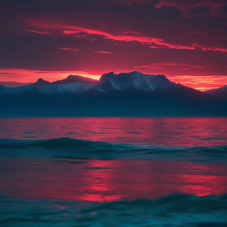 Beautiful sunset over the sea with mountains in the background. Nature composition.の素材