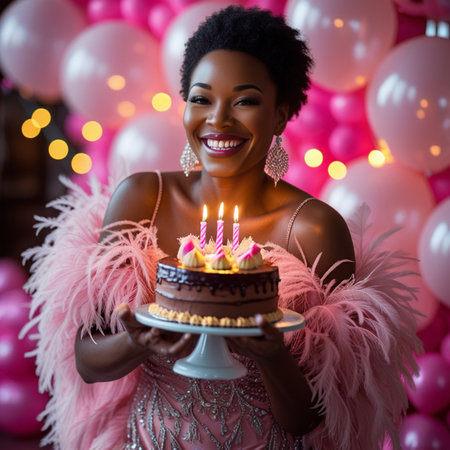 Cheerful african american woman holding birthday cake and smilingの素材