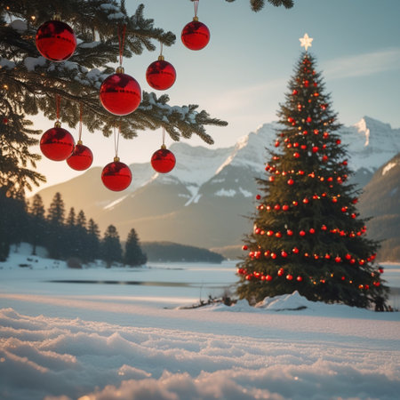 Christmas tree with red baubles on snow and snowy mountains backgroundの素材