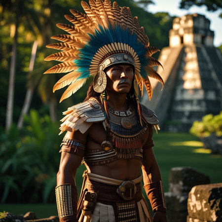 Native american Indian warrior at Kukulkan pyramid in Mexicoの素材
