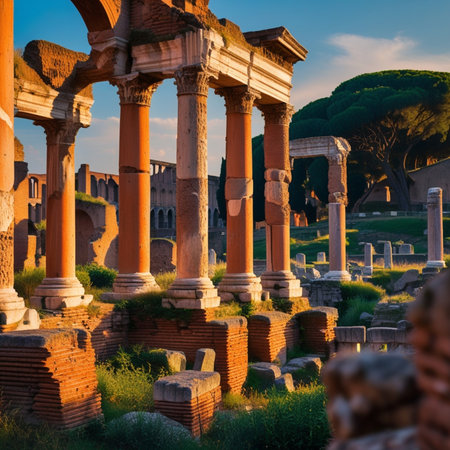 The ruins of the ancient Roman Forum in Rome at sunset, Italyの素材