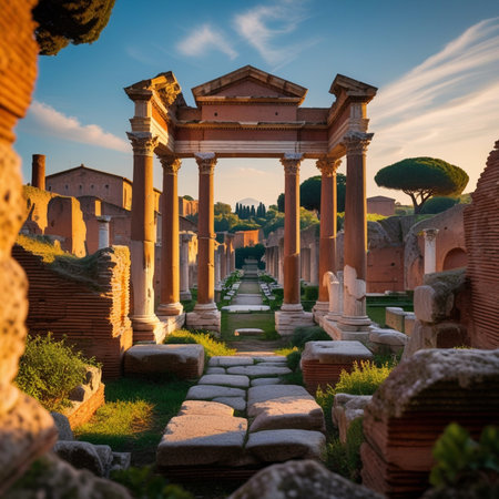 Ruins of the Roman Forum in Rome at sunset, Italy.の素材