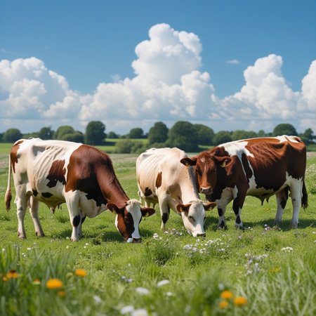 Herd of cows grazing in a meadow on a sunny dayの素材