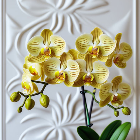 Beautiful yellow orchid on the background of a white wall.の素材