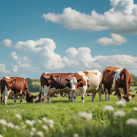 Herd of cows grazing in a meadow on a sunny dayの素材