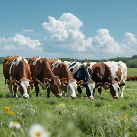 Herd of cows grazing in a green meadow with daisiesの素材