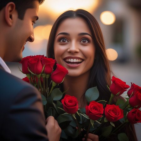 Beautiful young couple is holding a bouquet of red roses.の素材